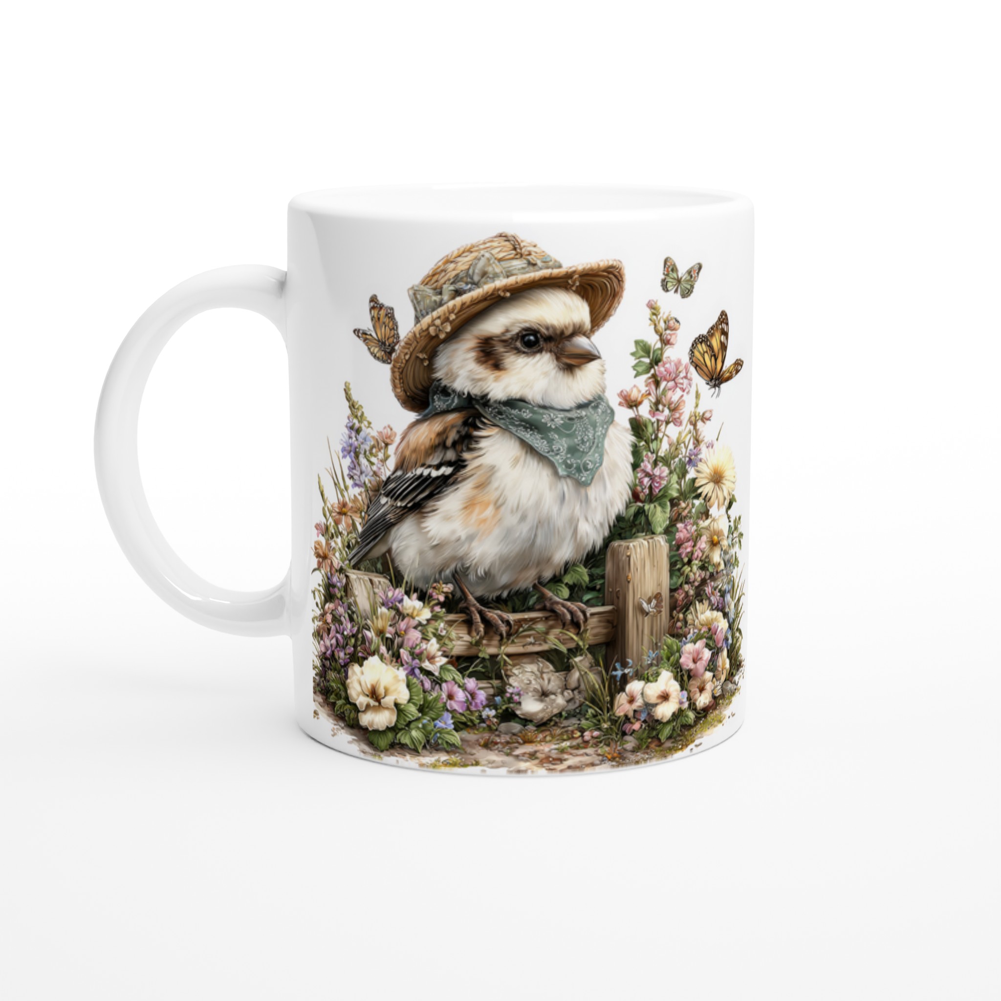 Vit 11oz keramisk mugg med charmig fågelhatt och blomsterdesign – välj din favoritfärg 1 fd20f934-56ae-4c68-becf-3b553fc0929d