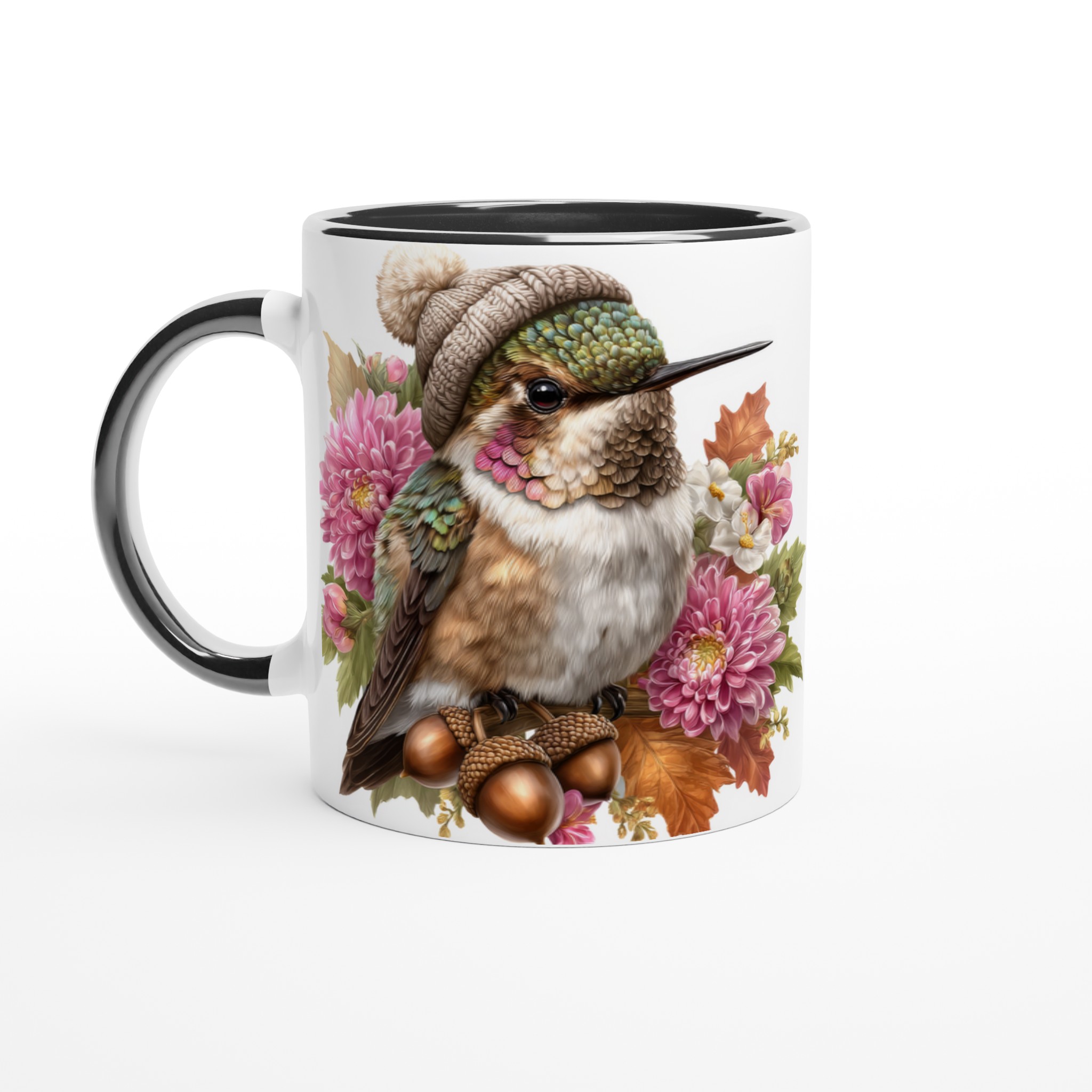 Vit 11oz keramisk mugg med färgstarkt kolibri- och blomsterdesign – välj bland sju livfulla färger 4 fd6cbeda-adf5-49d5-b890-bc73d6b7d5b0