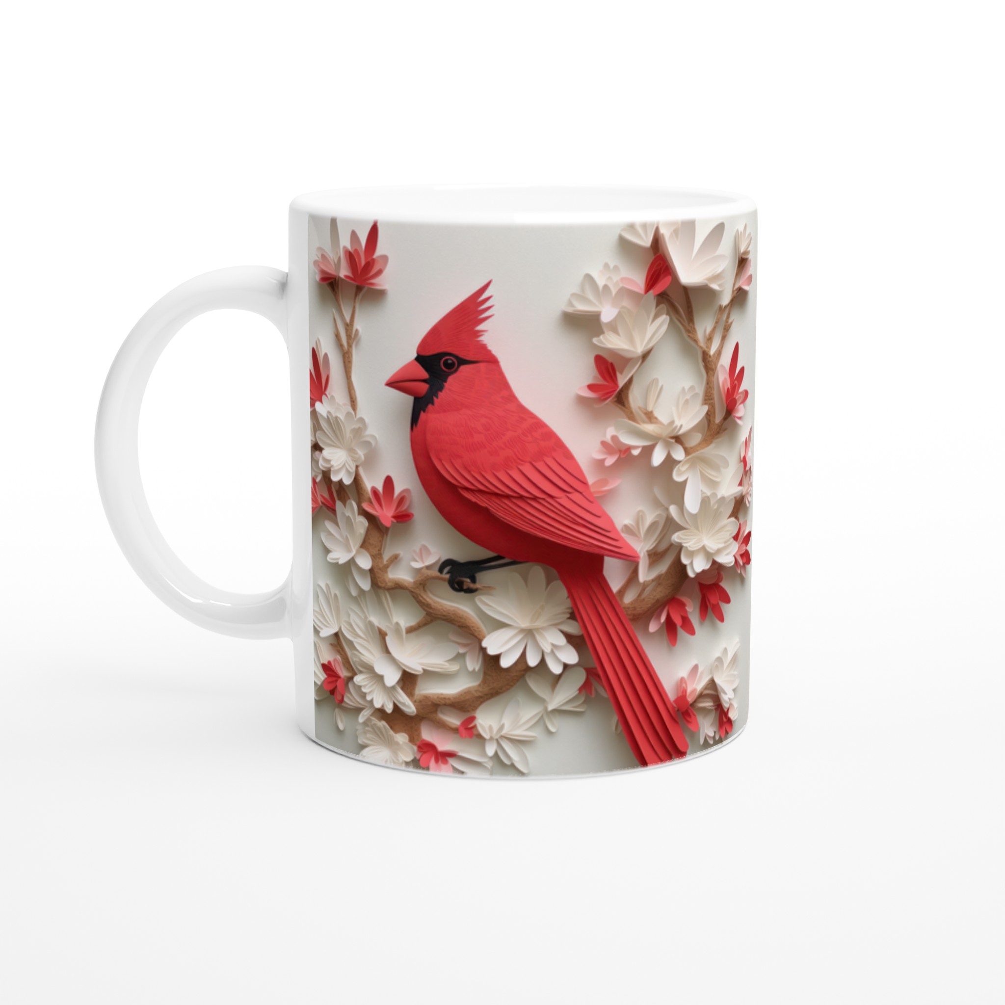 Vit 11oz keramisk mugg med elegant rött kardinalfågelmotiv – välj bland sju färgstarka keramiknyanser 1 fe051fa0-e614-4faf-afea-d27b131d9bbd