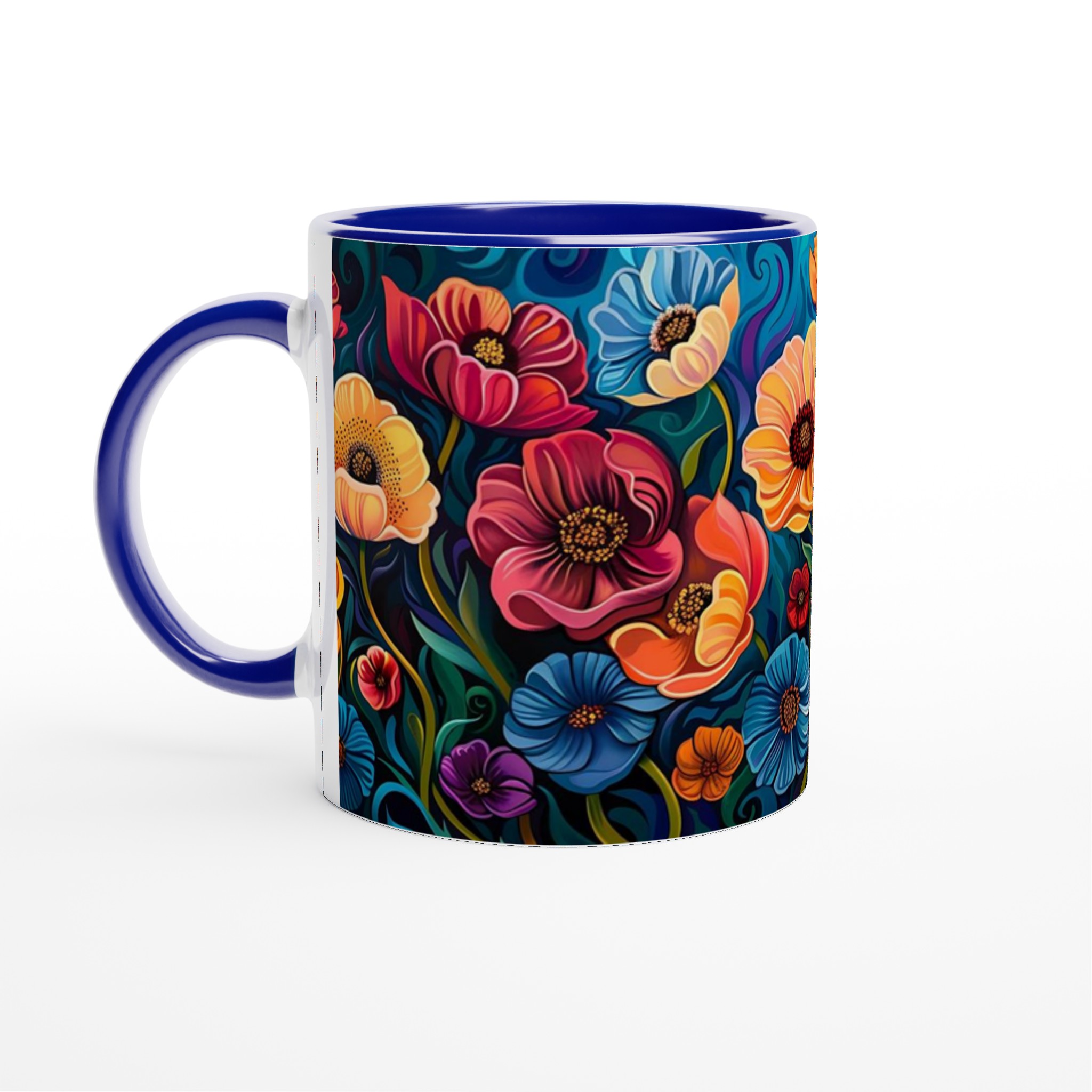 Abstrakt Blomster Keramikmugg – Konstnärlig Kaffemugg med Färgstarka Blommor och Virvlar i Ditt Val av Färg 2 fe098609-c62b-4eb6-a197-9920627ff70f
