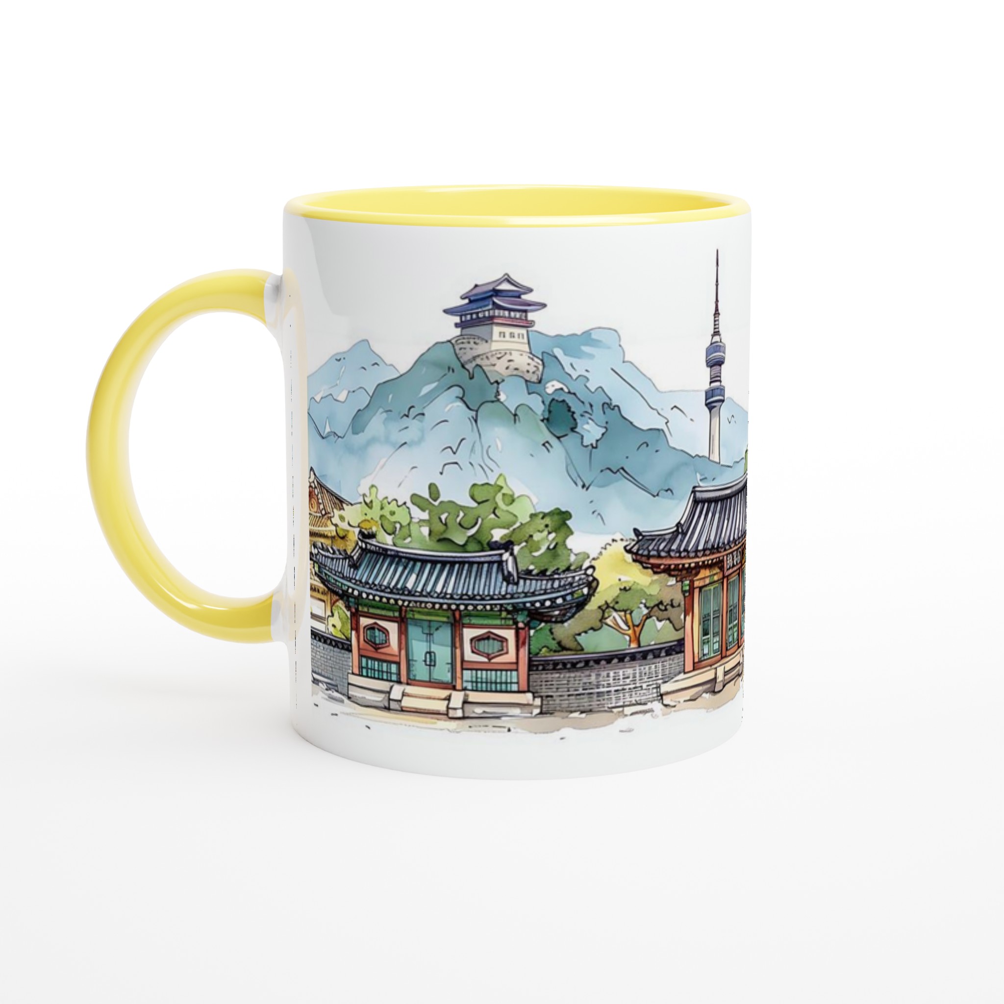 Seoul Skyline Akvarellmugg – Koreansk Arkitektur & Bergmotiv, 11oz Keramisk Mugg i Valfri Färg 3 fe1b471e-446a-4b61-8ef5-57a28a0fac1d