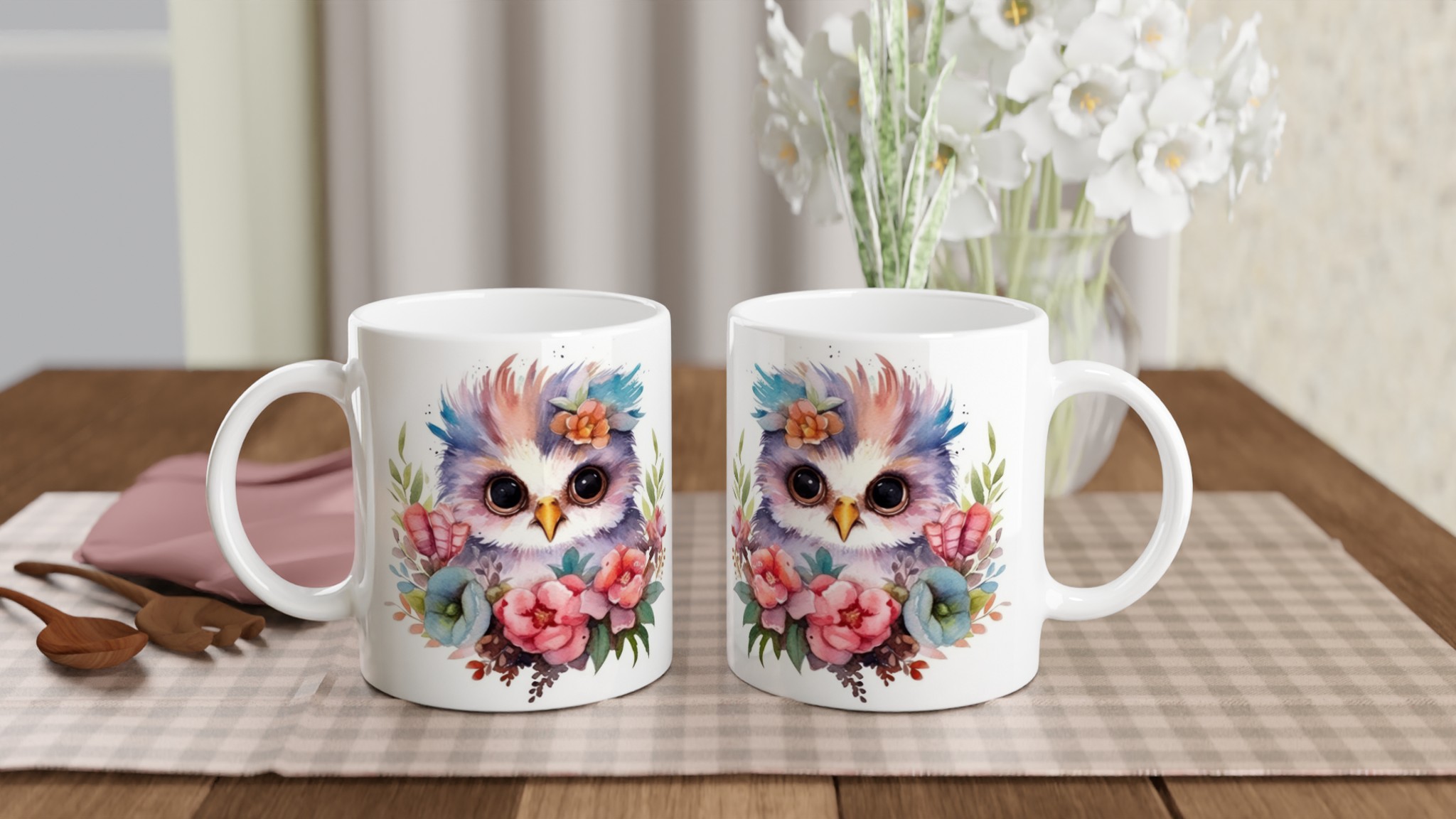 Vit 11oz keramisk mugg med bedårande ugglemotiv i mjuka pastellfärger – välj bland sju unika keramfärger 10 fe4caba9-1bd3-490d-b10d-7d21842cf069