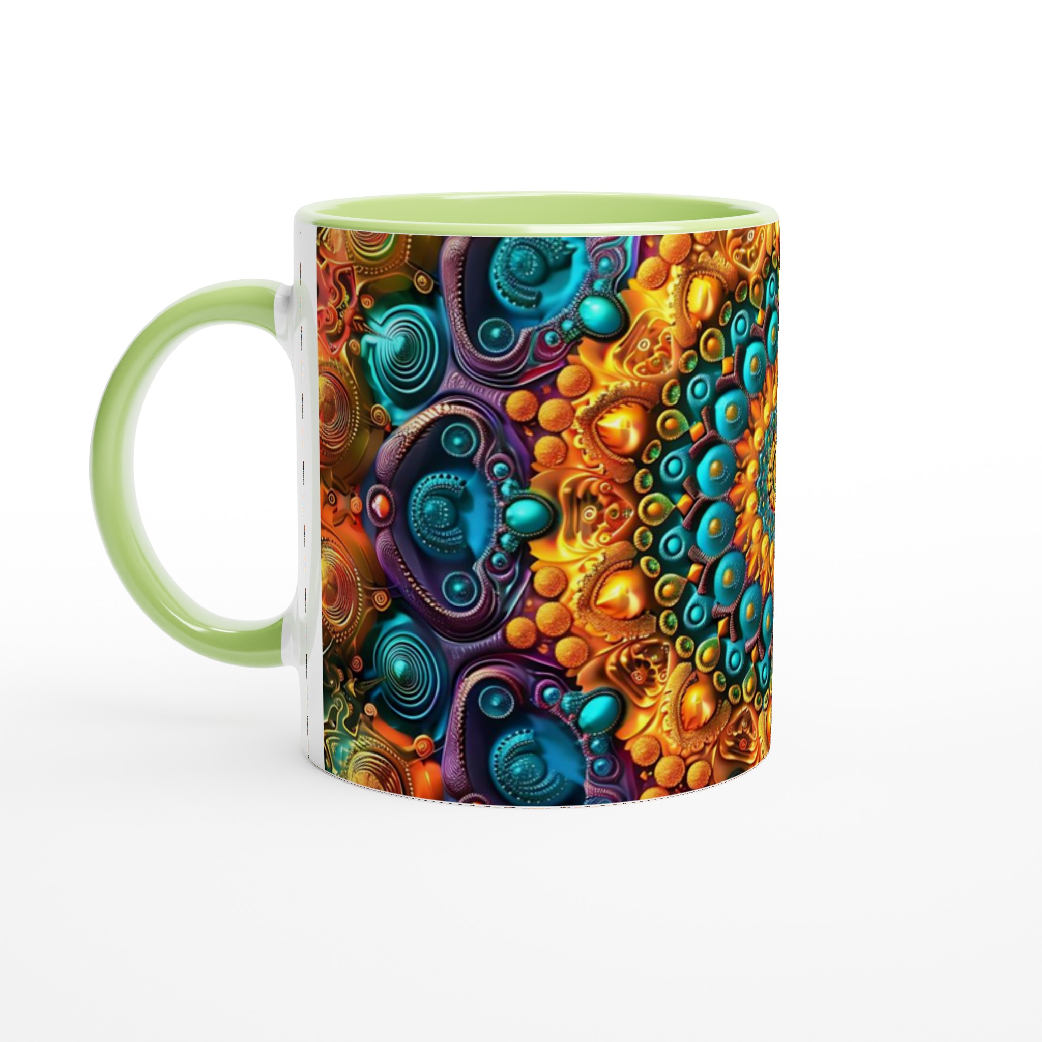 Mångfärgad Hypnotisk Mandala 11oz Keramisk Mugg – Geometrisk Konst i Strålande Guld & Turkos 7 feeee545-d06a-44b1-aa40-36c44eac4b96