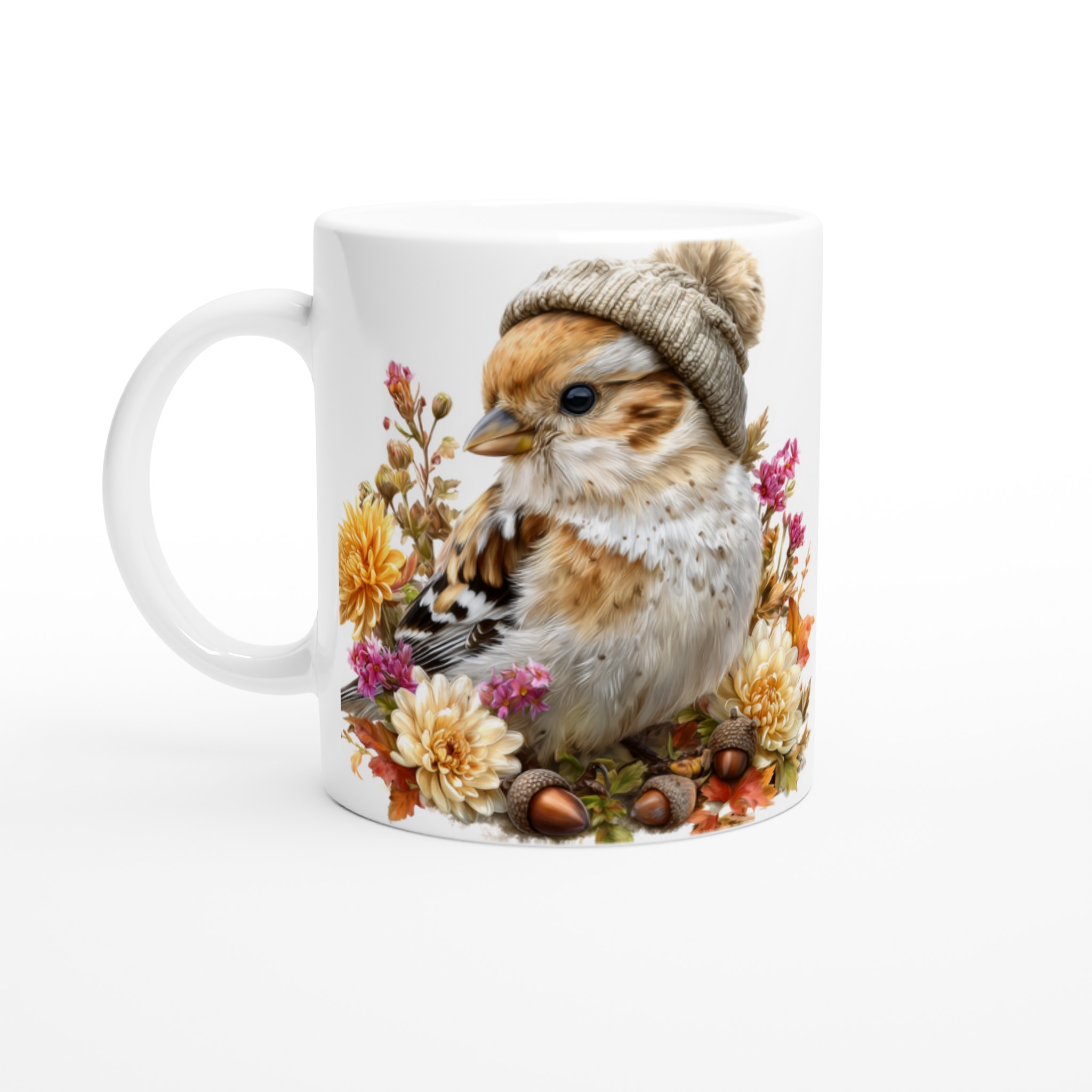 Vit 11oz keramisk mugg med charmig vinterfågel och blommor – välj bland sju färgstarka keramiktoner 1 ff0d4e3c-cdeb-4cd3-b203-3b3133259d1e