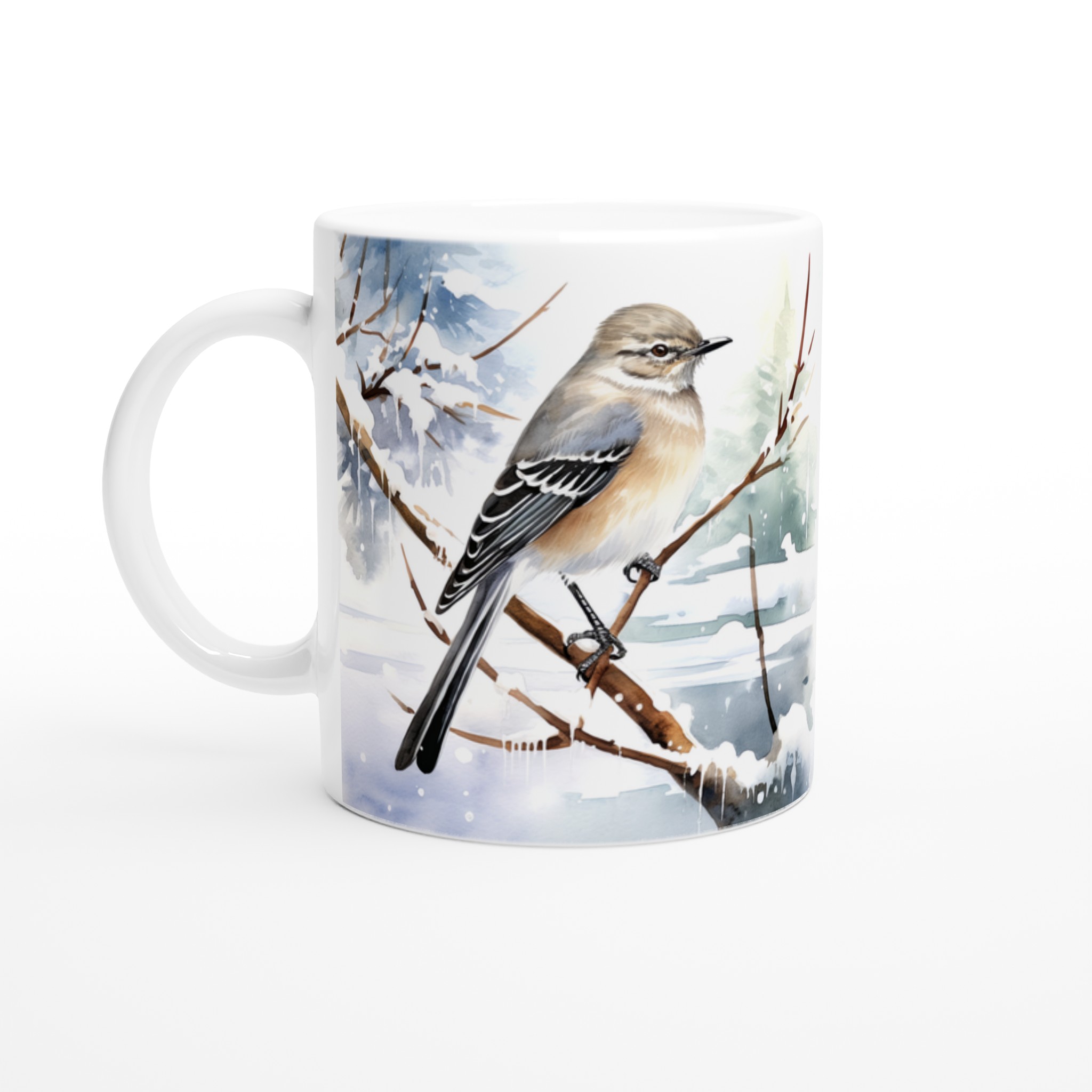 Vinterfågel Akvarell Mugg – Vit 11oz Keramikmugg med Fåglar & Snölandskap 1 ff80c1c9-d0cc-4f5f-8e5e-6882a79b6dd5