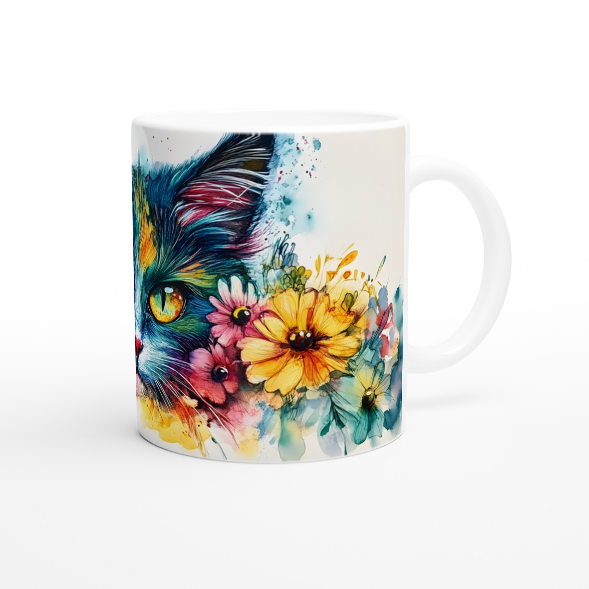 Färgsprakande Katt & Blommor Keramisk Mugg – Konstnärlig Akvarell 11oz Kaffekopp 9 ffe37a2e-e835-430b-a489-71782ab1a7f0